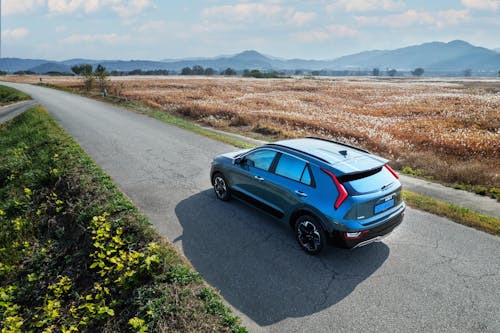 Blue Vehicle Parked on the Road Beside a Field