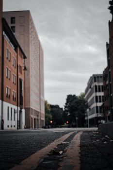 A moody street view in Southampton, England showcasing urban architecture and overcast skies.