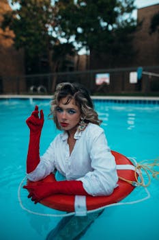 Fashionable woman poses in a swimming pool with a red lifebuoy, wearing elegant attire and bold makeup.
