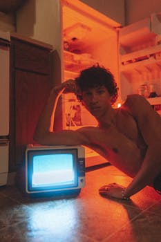 Shirtless man sits by retro TV in warm-toned room, evoking a vintage mood.
