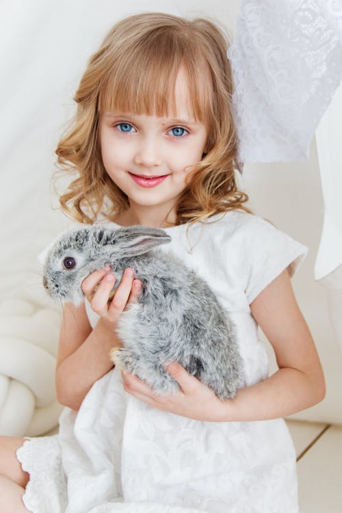 小女孩微笑着拿着灰兔子