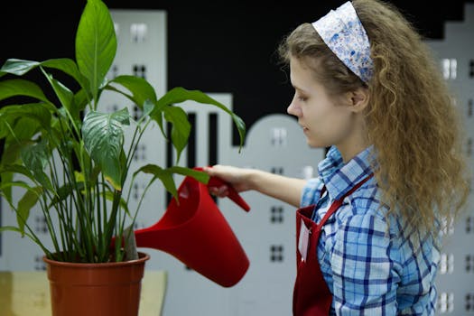 A young woman with curly hair waters a potted plant indoors using a red watering can.