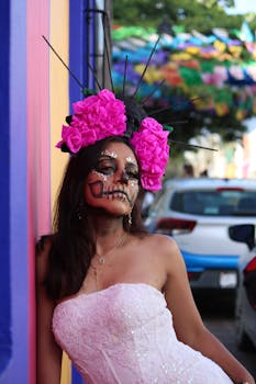 An artistic portrait of a woman with Dia de los Muertos makeup and floral headpiece, set outdoors.