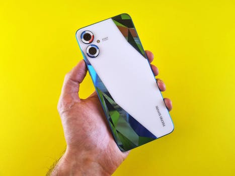 Close-up of a smartphone held in hand against a vibrant yellow background, showcasing modern design.