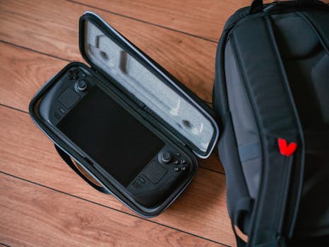 A close-up shot of a gaming console in its case next to a backpack on a wooden floor.