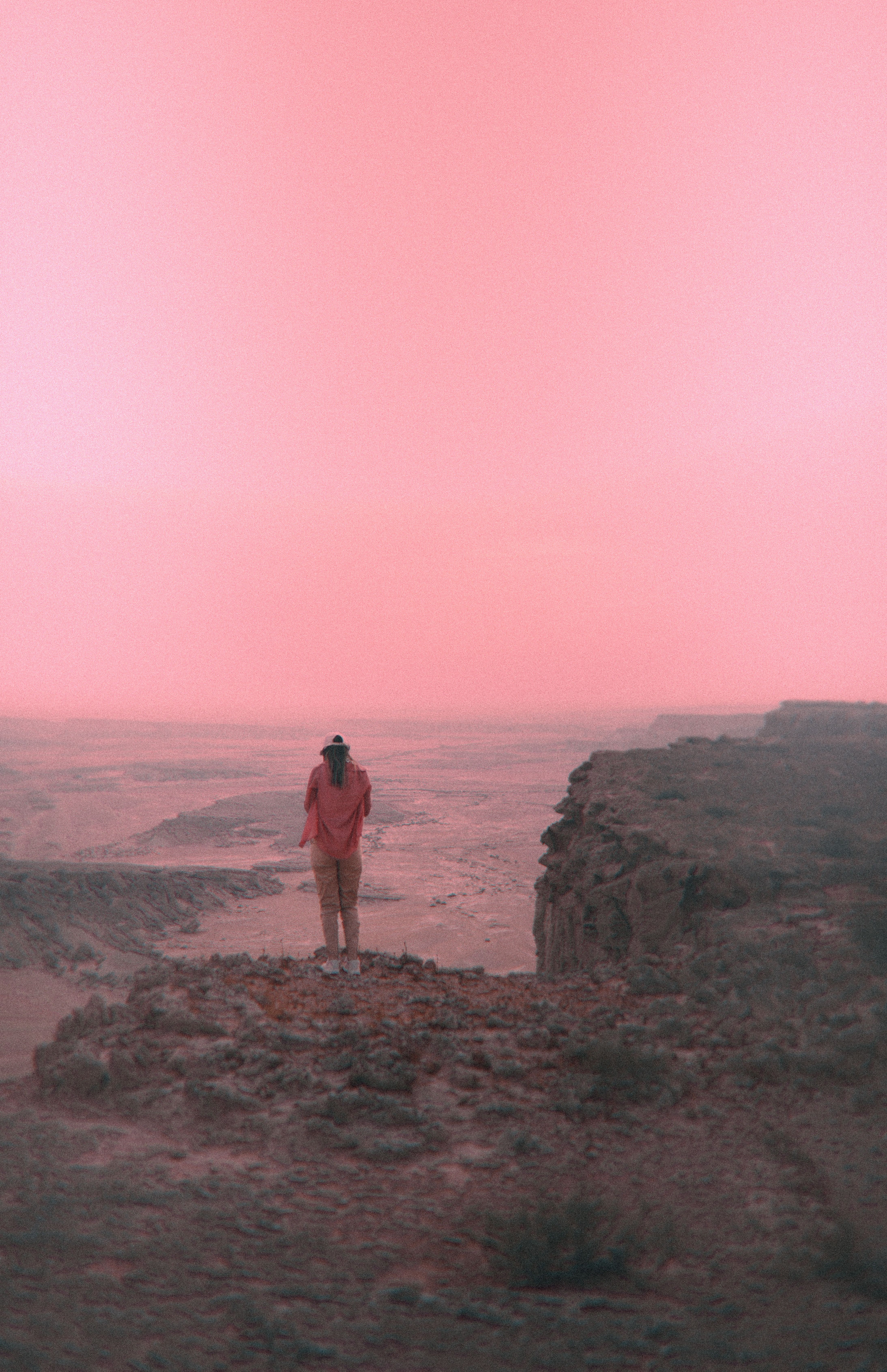 A lone traveler stands on a rocky cliff, embracing the vast desert landscape under a pink sunset sky.