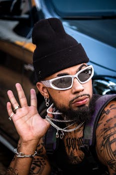 Trendy man in Brazil wearing sunglasses, beanie, and showcasing tattoos.