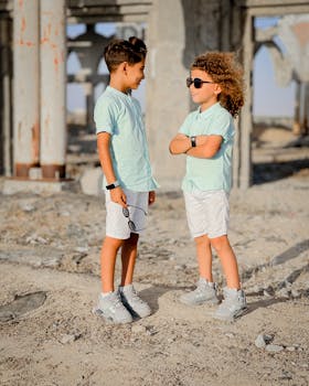 Two young boys in casual attire posing confidently in an urban ruin in Gaza, capturing summer vibes.