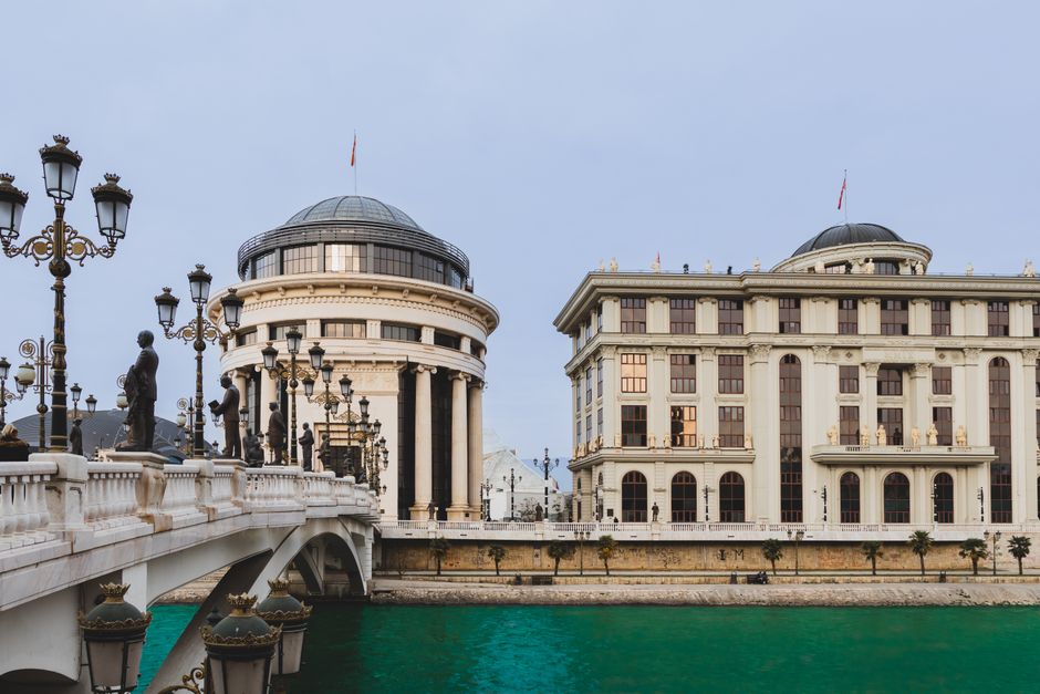 Scenic view of architectural landmarks on the Vardar River in Skopje, Macedonia.