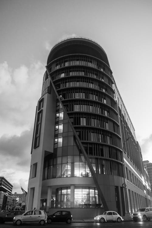 Black and White Photo of a Modern City Building 