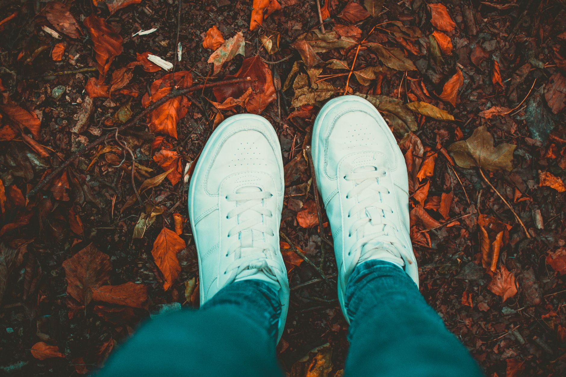 Person wearing white sneakers standing on a path covered with autumn leaves, showcasing a fall vibe.