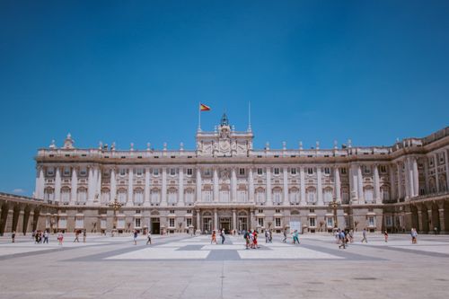 Free Stunning front view of the Royal Palace in Madrid with a clear sky. Stock Photo