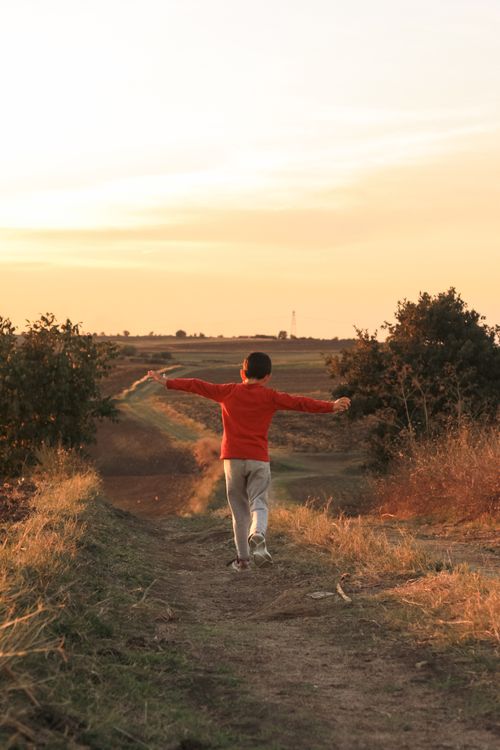 Free Child in a red sweater walking with arms wide open on a rural path during sunset, embracing freedom. Stock Photo
