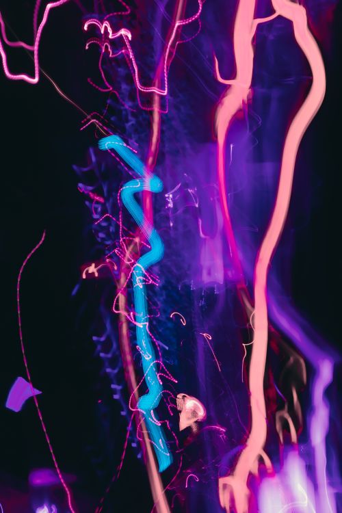 Free Dynamic abstract image featuring vibrant neon-colored light trails against a dark background. Stock Photo