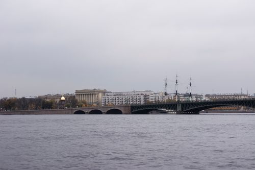 Free View of Liteyny Bridge and waterfront in Saint Petersburg, Russia on a cloudy day. Stock Photo