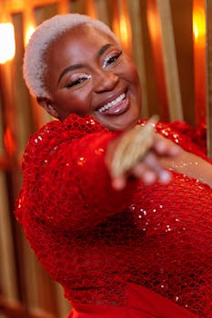 A cheerful woman in a red lace dress smiling and reaching towards the camera, exuding glamour and confidence.