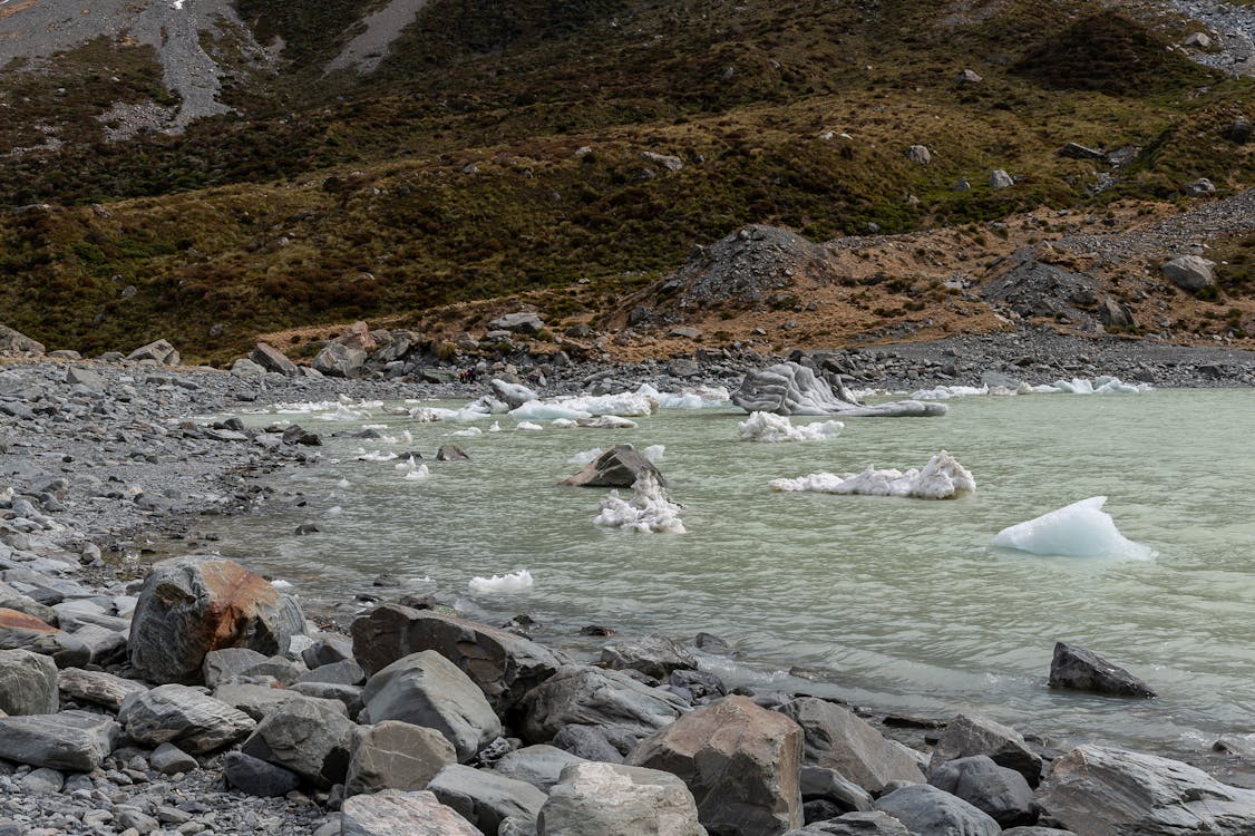 Ice Chunks Melting in Mountain River