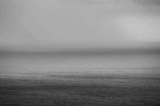 A tranquil grayscale view of the open sea under a calm sky, evoking serenity and minimalism.