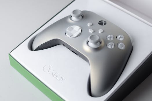 A high-quality close-up of an Xbox game controller in its packaging box, ready for gaming.