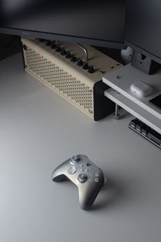 A sleek and modern gaming setup featuring a console controller and technology accessories in a minimalist setting.