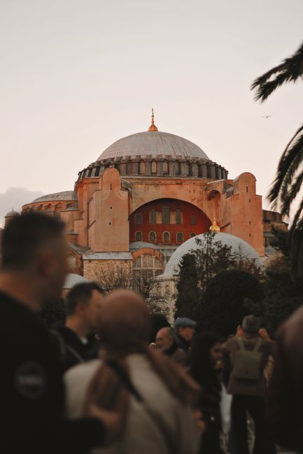 Hagia Sophia in Istanbul with a crowd of visitors, capturing its historical allure.