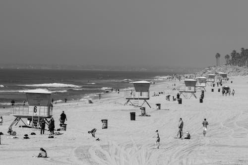 Grayscale Photo of People at the Beach