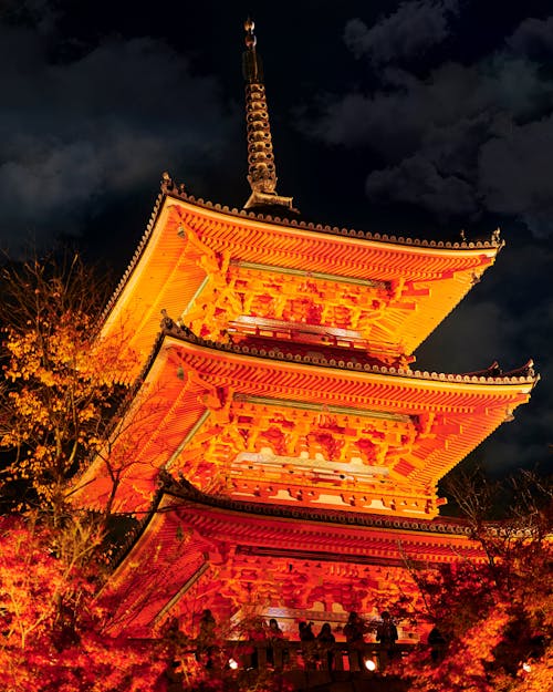 Low Angle Shot of an Illuminated Pagoda 