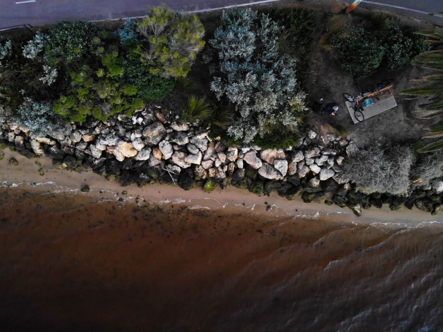Aerial view of a scenic Perth shoreline with rocks and lush trees, ideal for nature and travel inspiration.
