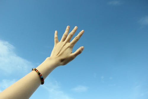 Photo of a Person's Hand Under a Blue Sky