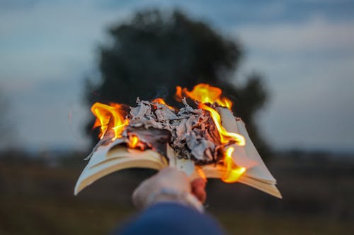 Hand Holding Burning Book