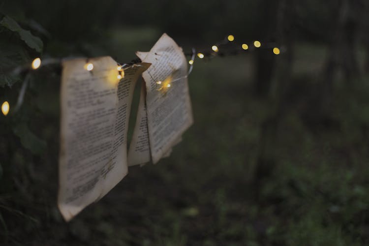 Book Pages Hanging On String Lights