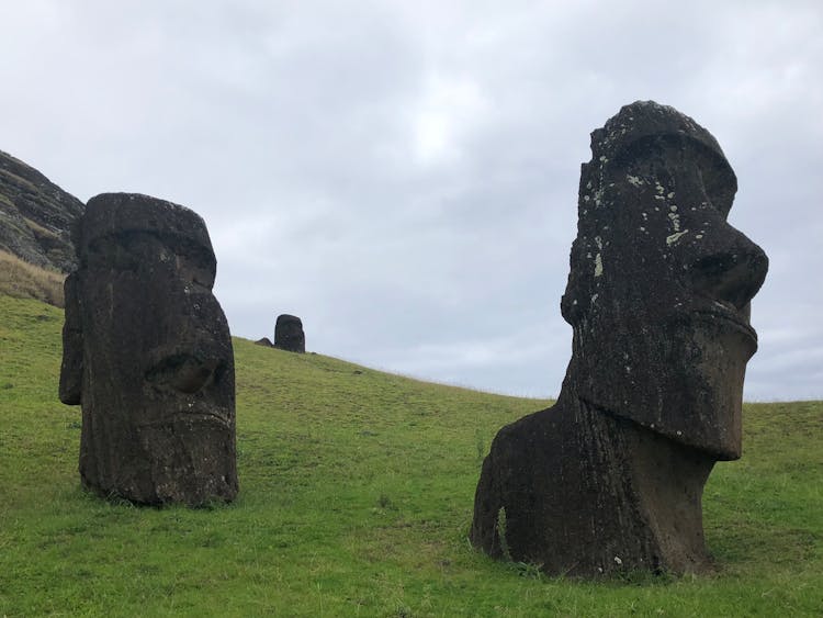 Moai Human Figures Statues On Green Grass Field