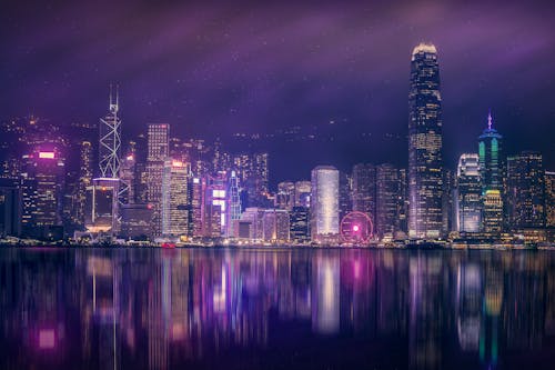 Hong Kong Skyscrapers on Coast at Night