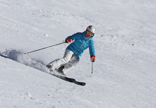 Person in Jacket and Helmet Skiing