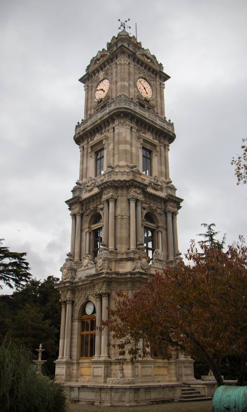 Low-Angle Shot of Dolmabahce Clock Tower Under White Sky