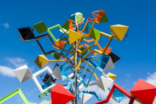 Free Modern geometric sculpture against a clear blue sky in Lanzarote, Canary Islands. Stock Photo