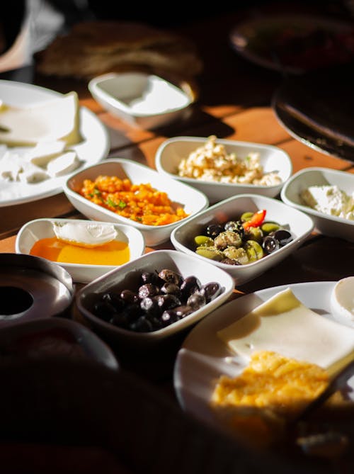 Close-up of Variety of Foods in Bowls on a Table 