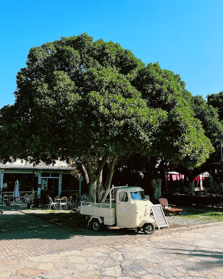 Three Wheeler Parked In Front Of Restaurant