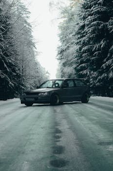 A vintage car drives down a snowy forest road, surrounded by winter scenery.