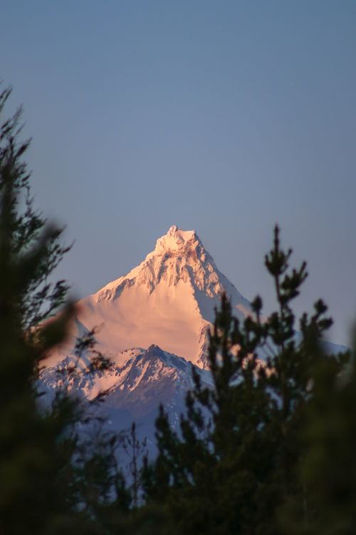 Free Serene view of a snowcapped mountain peak surrounded by trees during dusk in Puerto Montt. Stock Photo