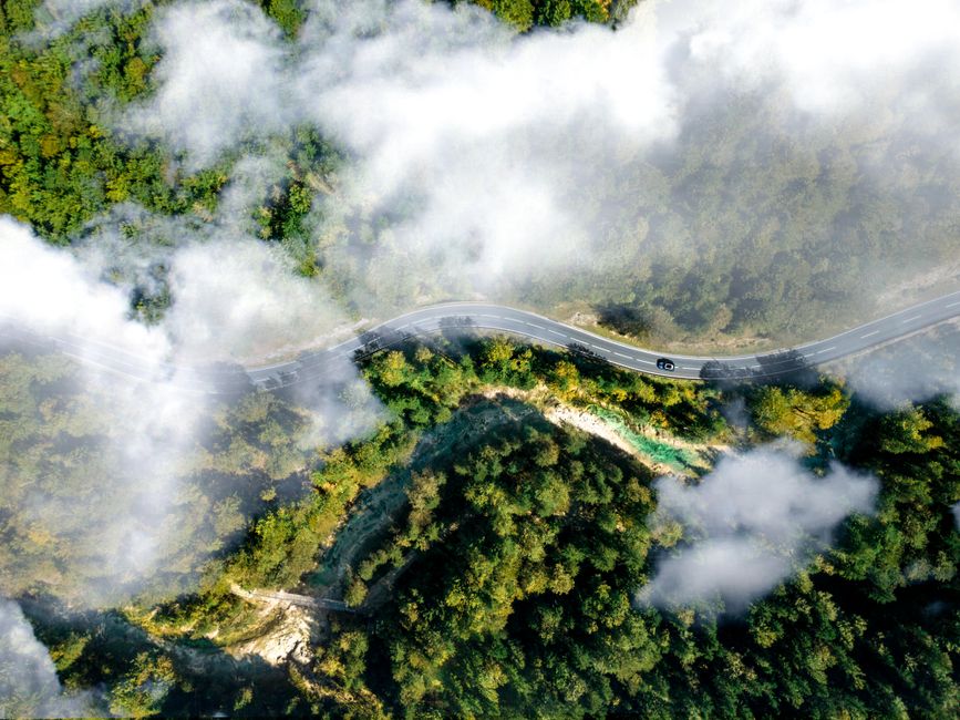 Discover a scenic aerial view of a winding road through foggy, lush forests in Gmunden, Austria.