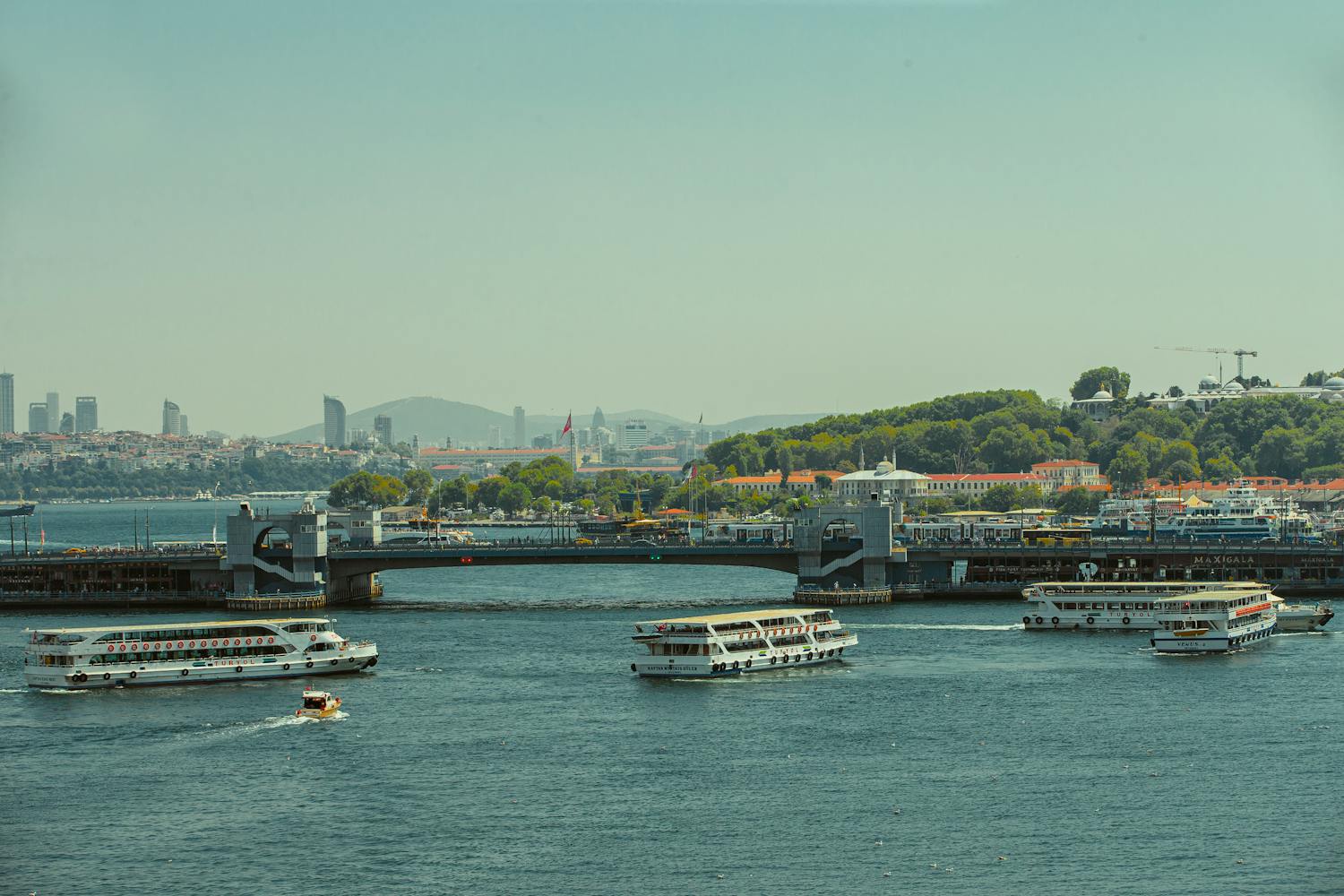 Cityscape of Istanbul featuring bridges and ferries