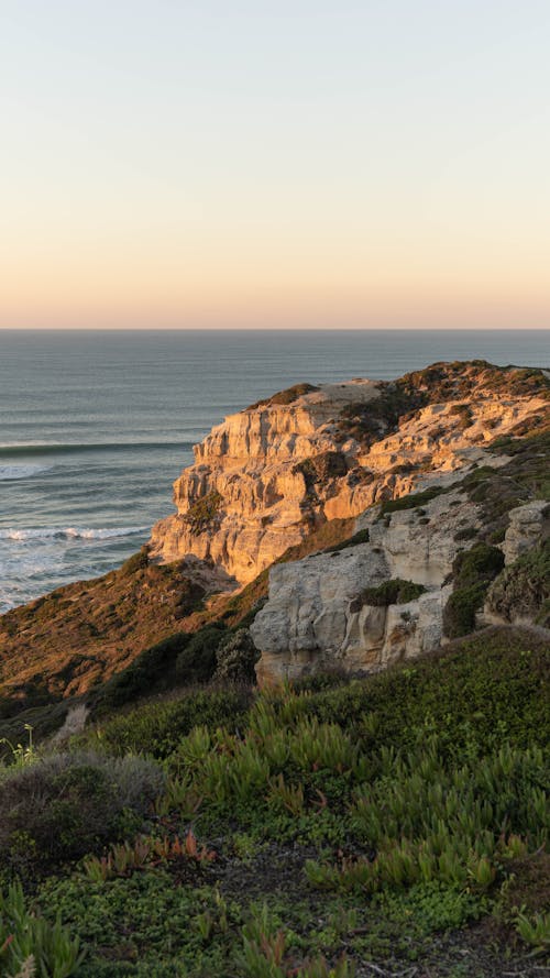 A Green Grass on Rock Formation Near the Ocean