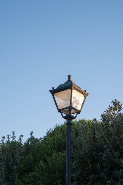 A classic street lamp stands tall amidst greenery against a clear blue sky in Nazaré, Portugal.