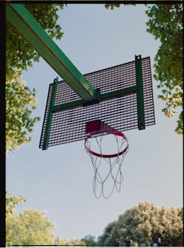 Photograph of an outdoor basketball hoop with a clear blue sky and trees.
