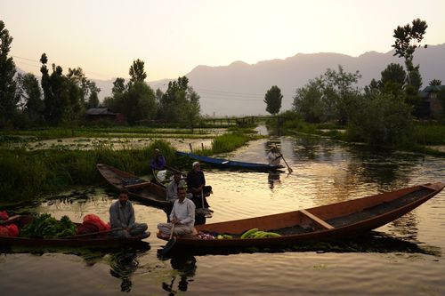 Free Men in wooden boats sell fresh vegetables at a tranquil floating market. Stock Photo