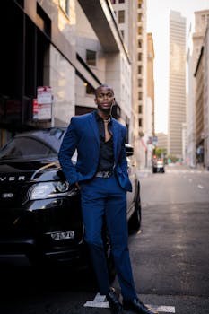 A confident man in a blue suit leans on a black car in a city street, exuding urban style and sophistication.