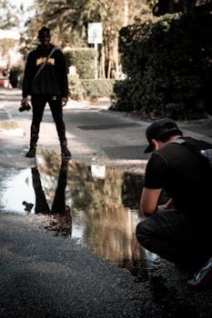 Moody street photography session capturing reflections and urban vibes in Orlando, FL.