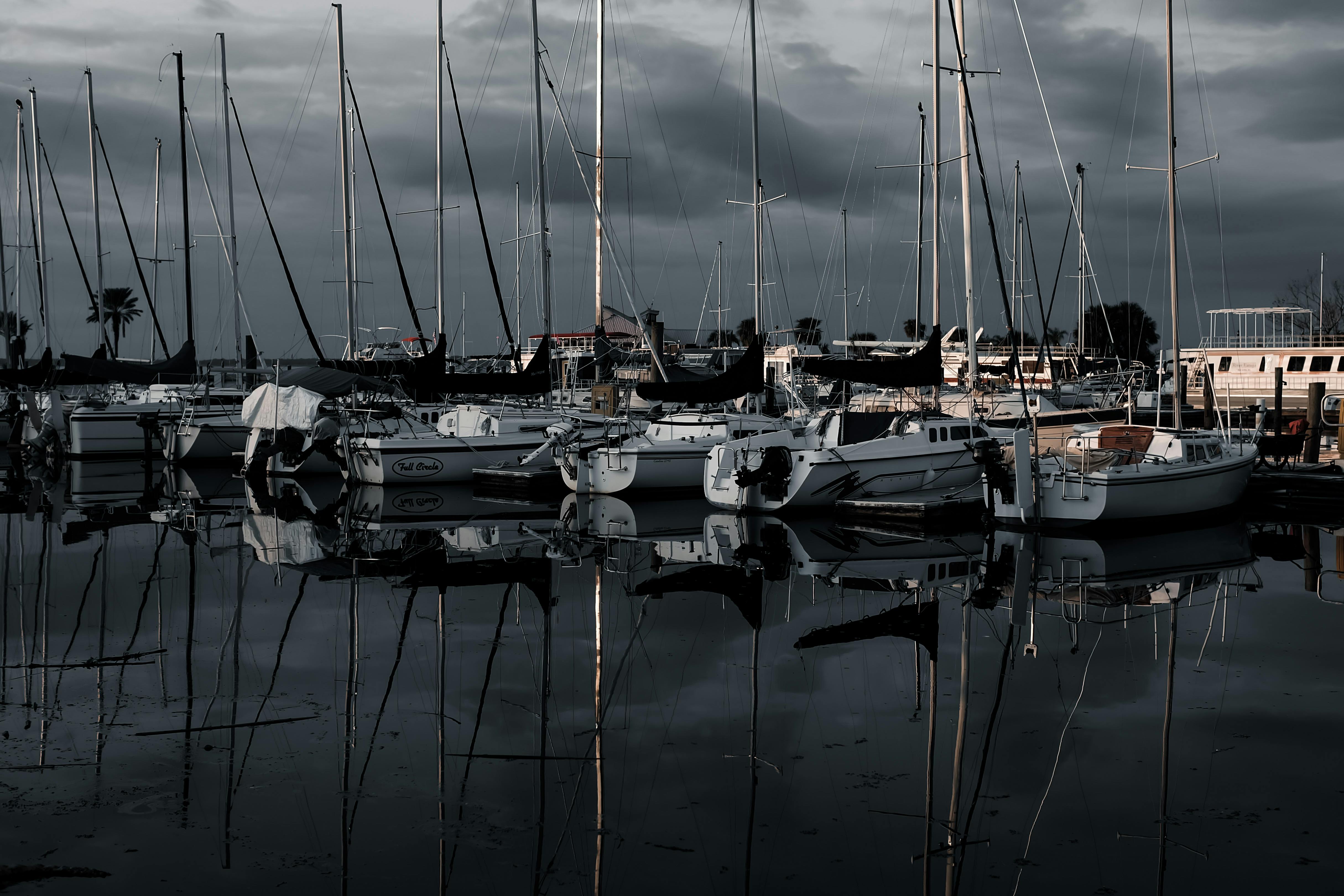 a black and white photo of a boat dock