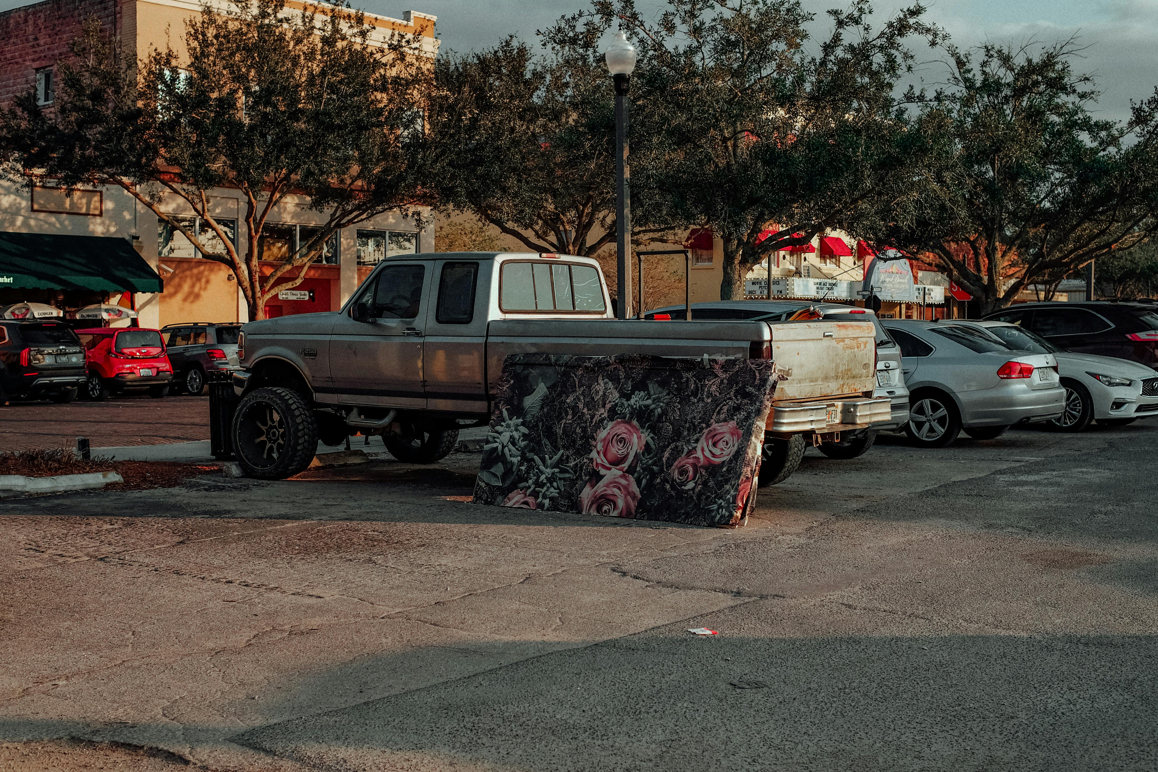 A rustic truck with an artistic floral painting stands in a Sanford, Florida parking lot. — Blake McKinniss in Florida